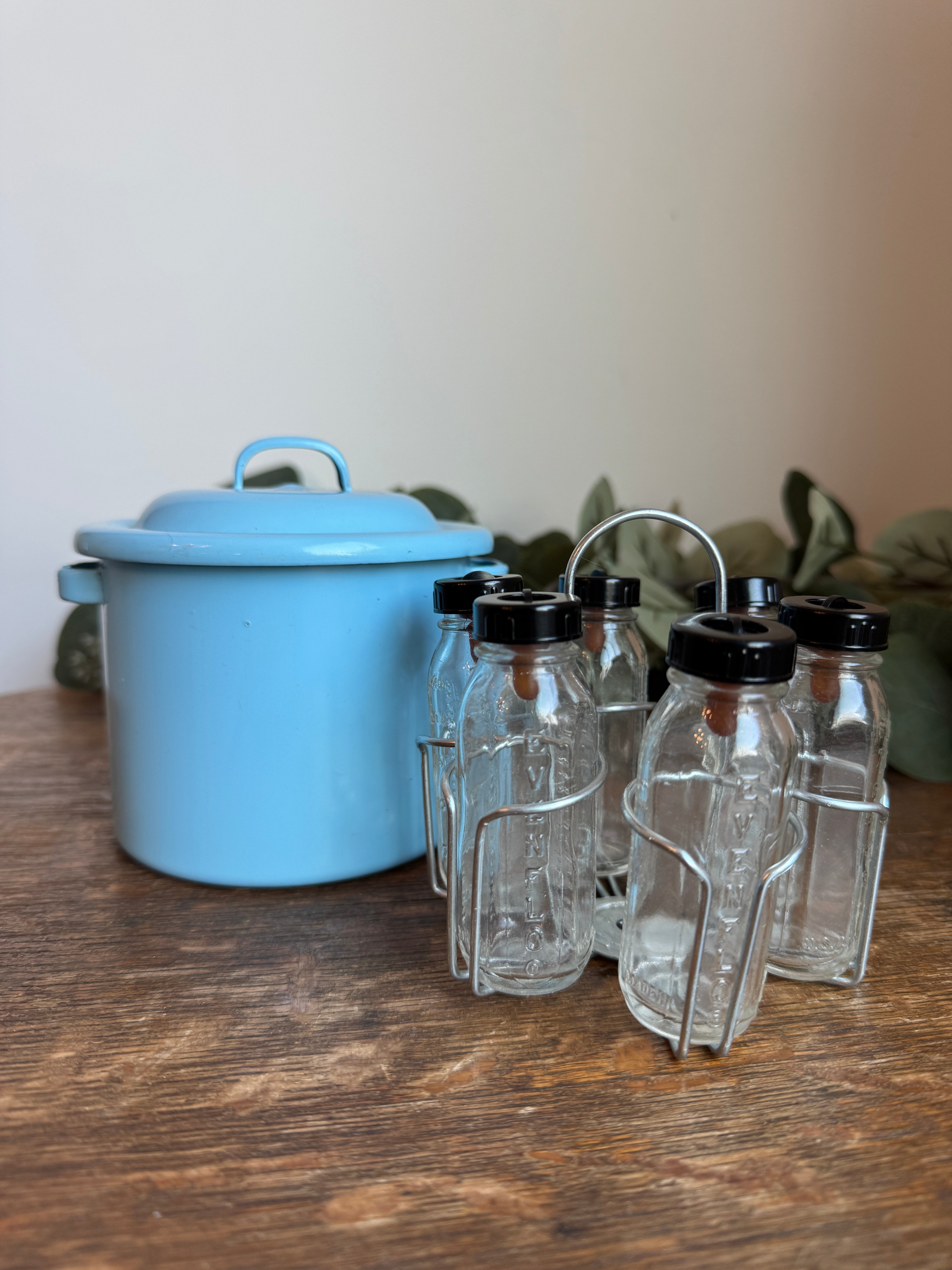 c. 1950s Toy Baby Doll Bottle Sterilizer Pot w Original Bottles - Where On Earth Antiques and Vintage
