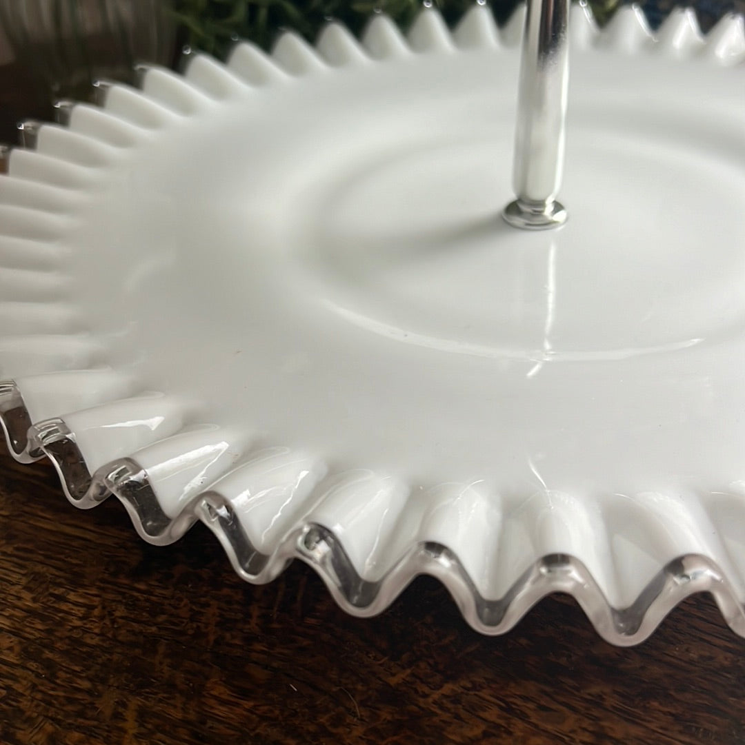 Fenton Milk Glass Tiered Tidbit/Dessert Stand with Crimped ‘Silver Crest’ Rim - Where On Earth Antiques and Vintage