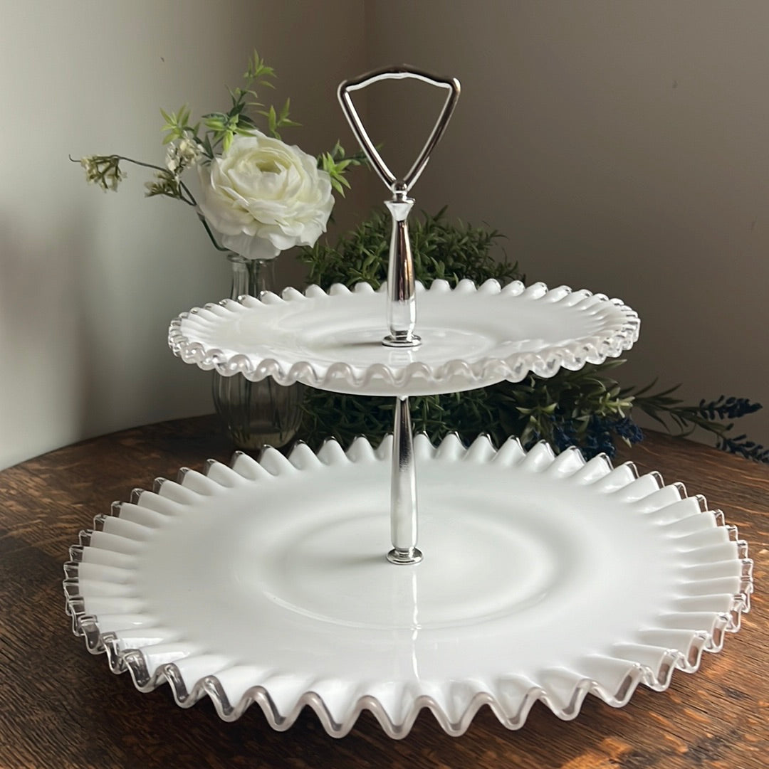 Fenton Milk Glass Tiered Tidbit Dessert Stand with Crimped Silver Cre Where On Earth Antiques and Vintage