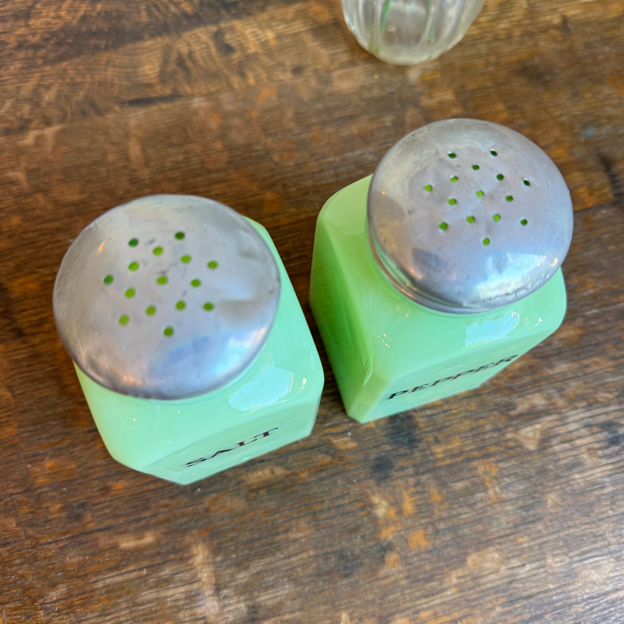 ca. 1930s McKee Glass Jadite Salt & Pepper Shaker Set. Uranium glass (see photos) - Where On Earth Antiques and Vintage