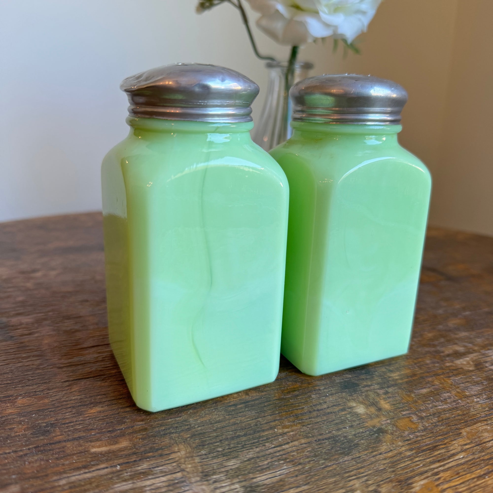 ca. 1930s McKee Glass Jadite Salt & Pepper Shaker Set. Uranium glass (see photos) - Where On Earth Antiques and Vintage
