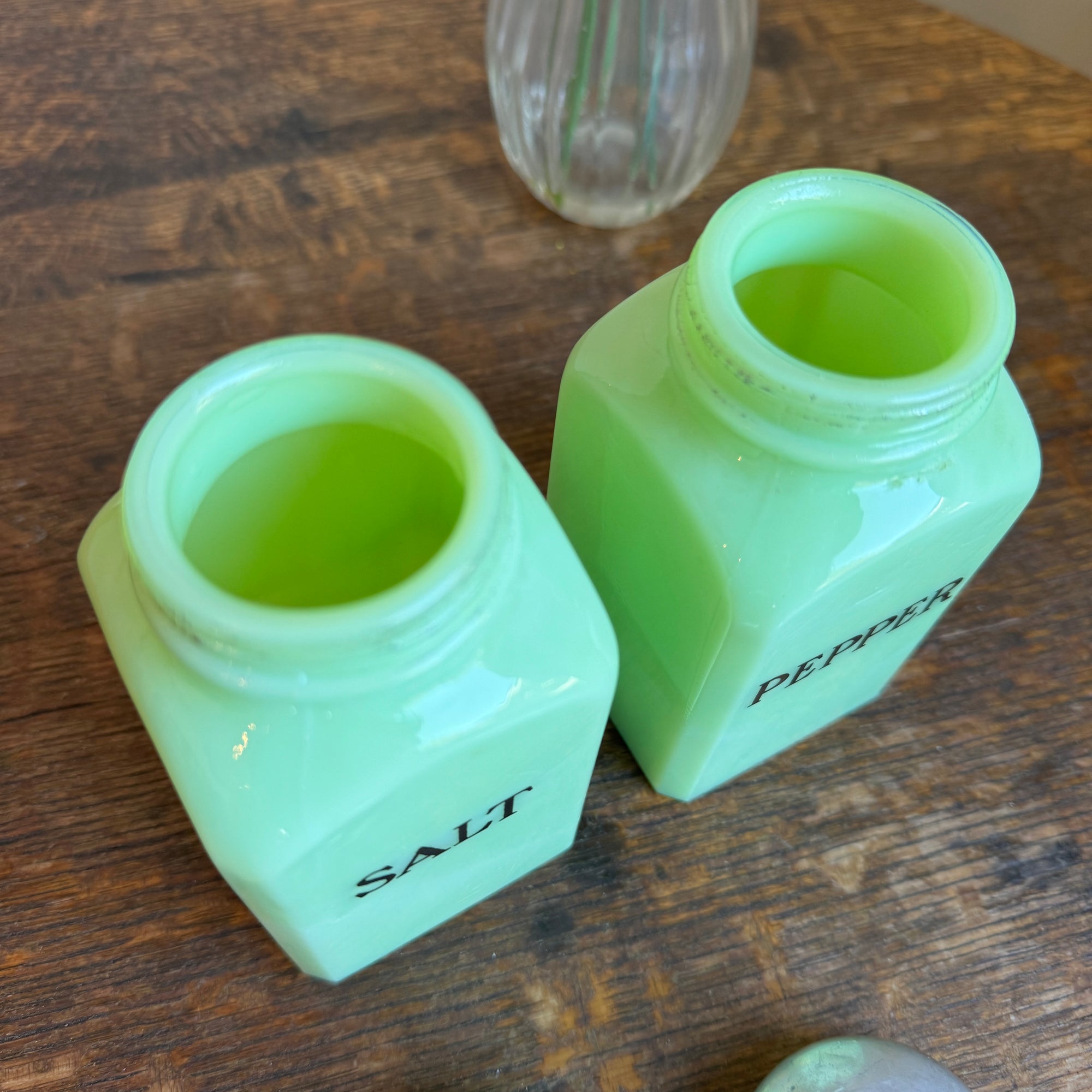 ca. 1930s McKee Glass Jadite Salt & Pepper Shaker Set. Uranium glass (see photos) - Where On Earth Antiques and Vintage
