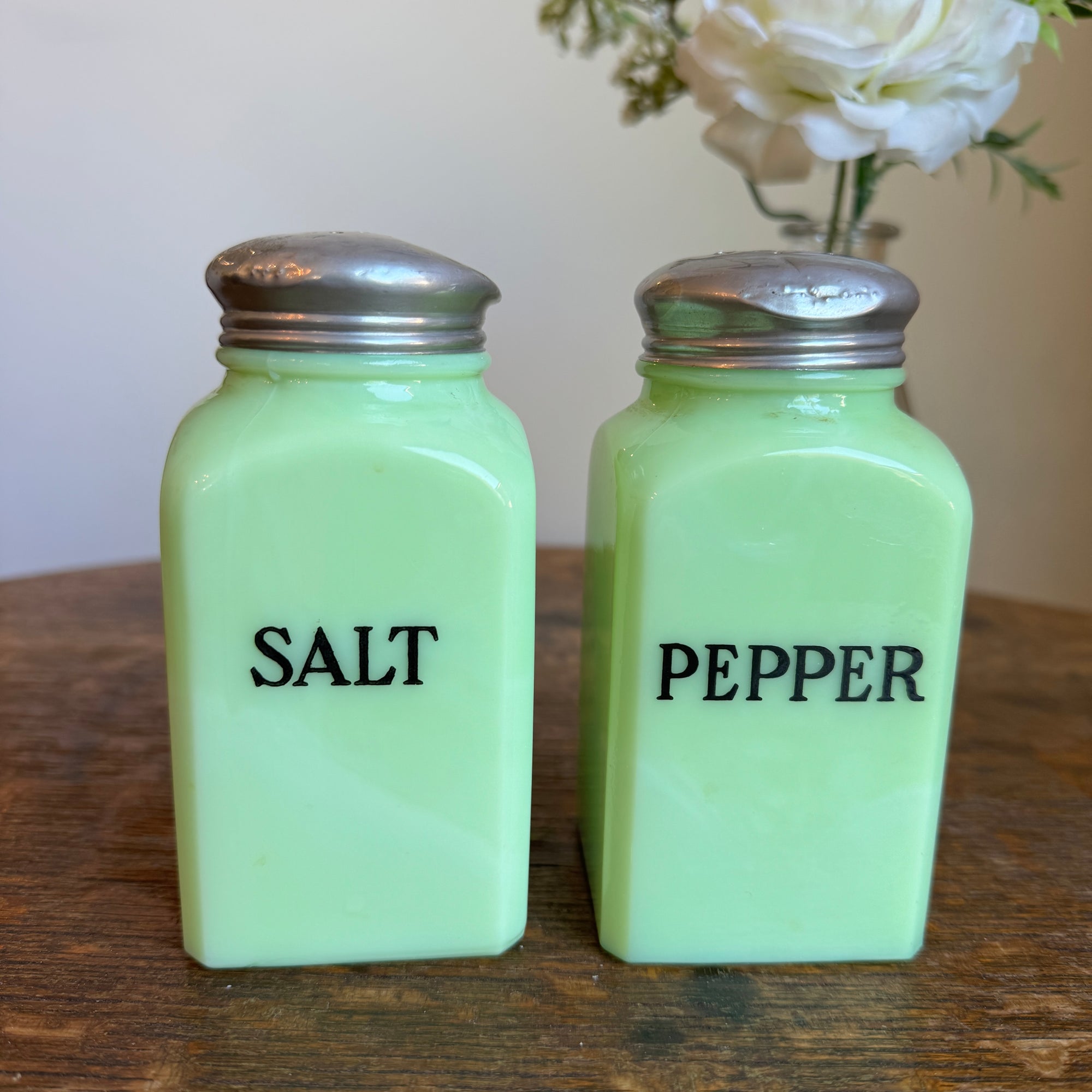 ca. 1930s McKee Glass Jadite Salt & Pepper Shaker Set. Uranium glass (see photos) - Where On Earth Antiques and Vintage