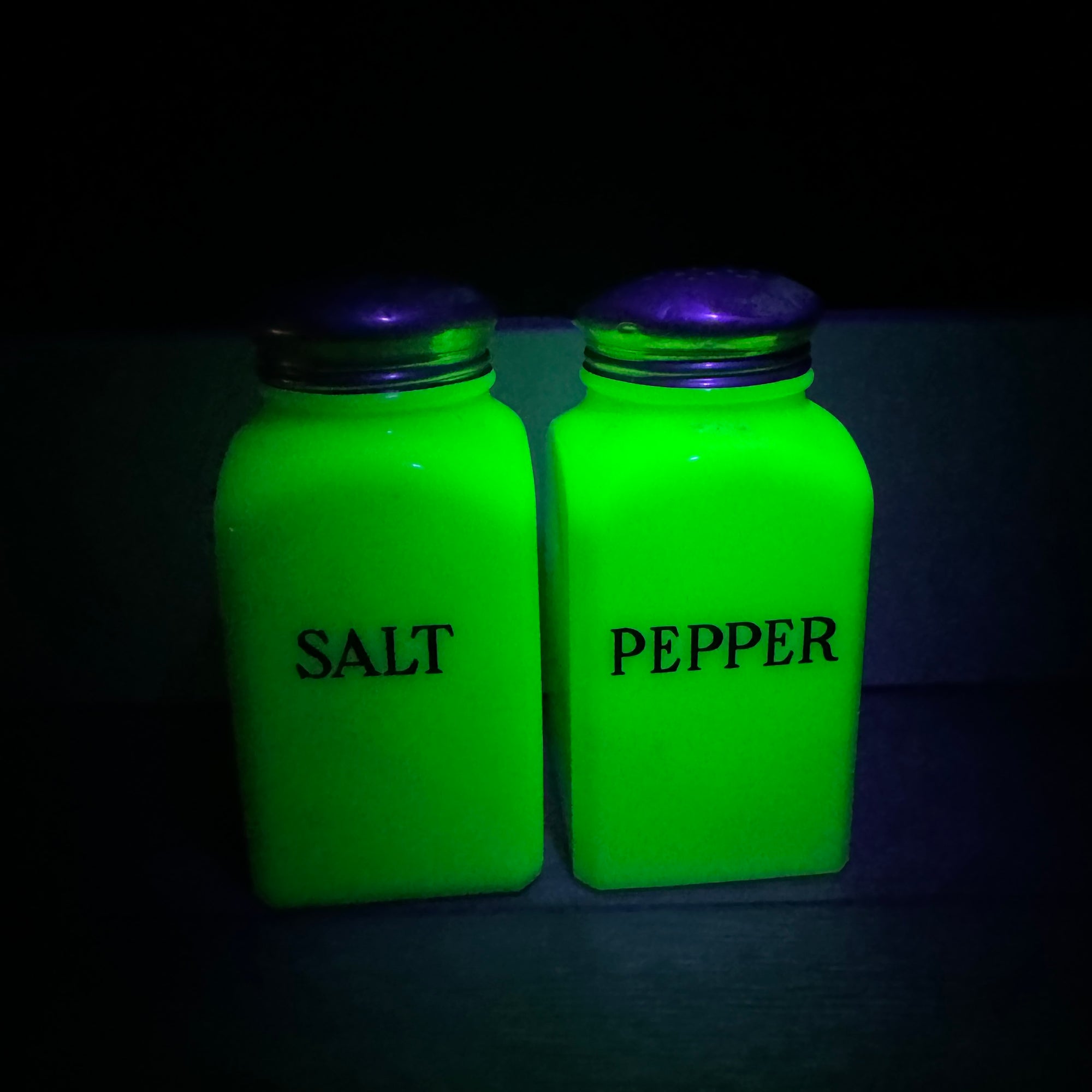 ca. 1930s McKee Glass Jadite Salt & Pepper Shaker Set. Uranium glass (see photos) - Where On Earth Antiques and Vintage