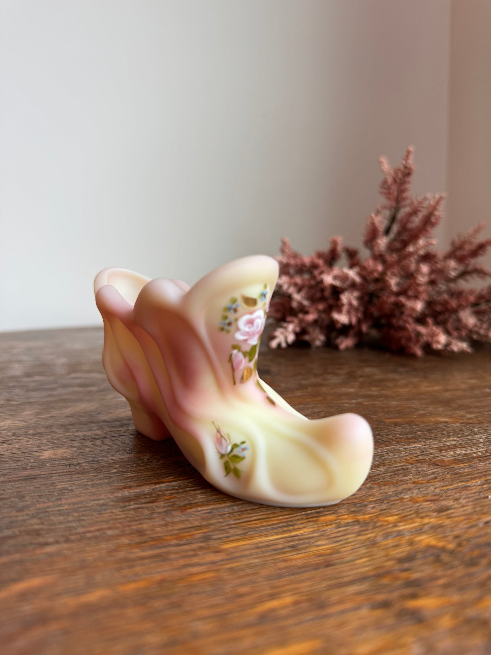 Fenton Burmese Glass Shoe with Handpainted Flowers (Uranium)