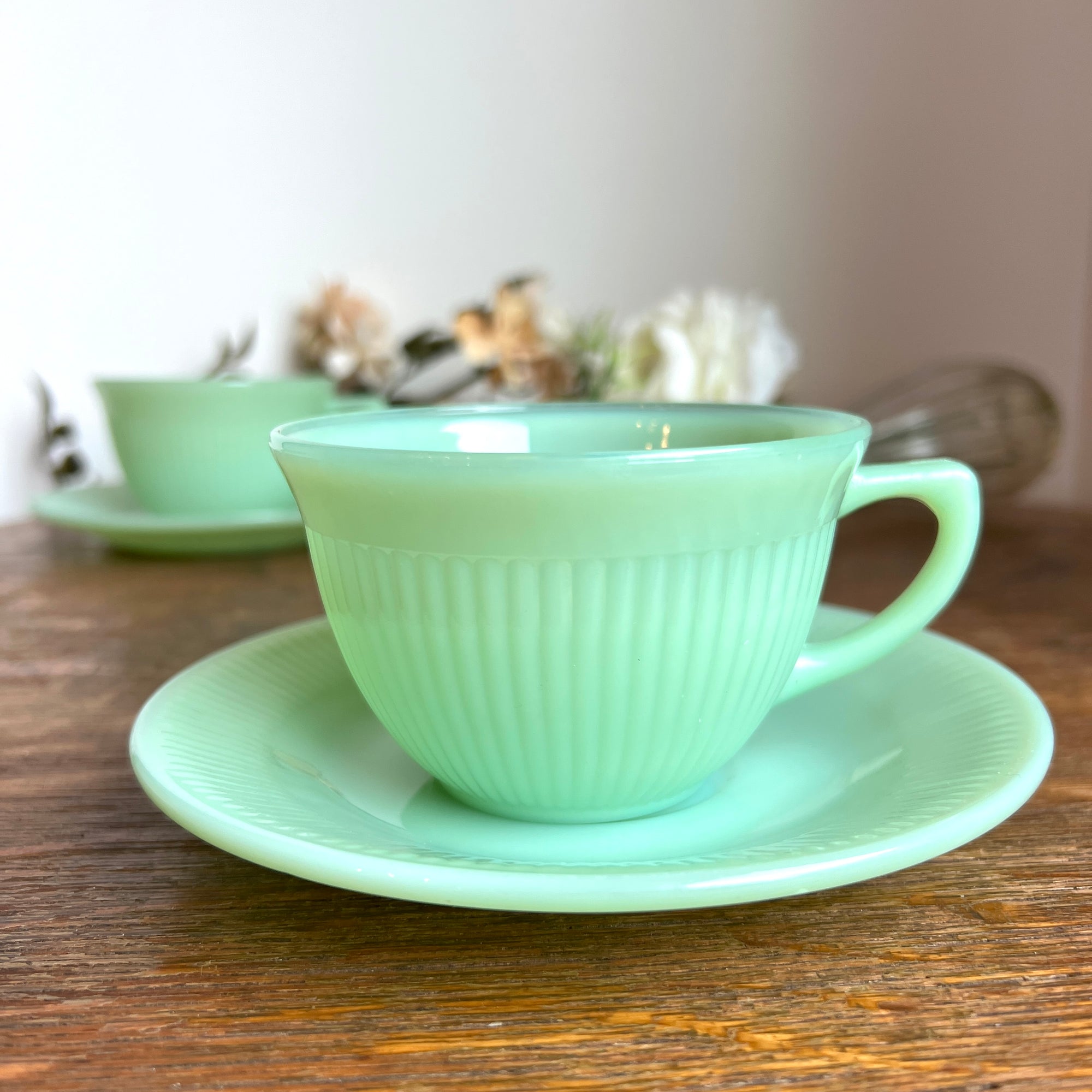 Vintage Fire King Jadeite Ribbed Jane Ray Cup and Saucer
