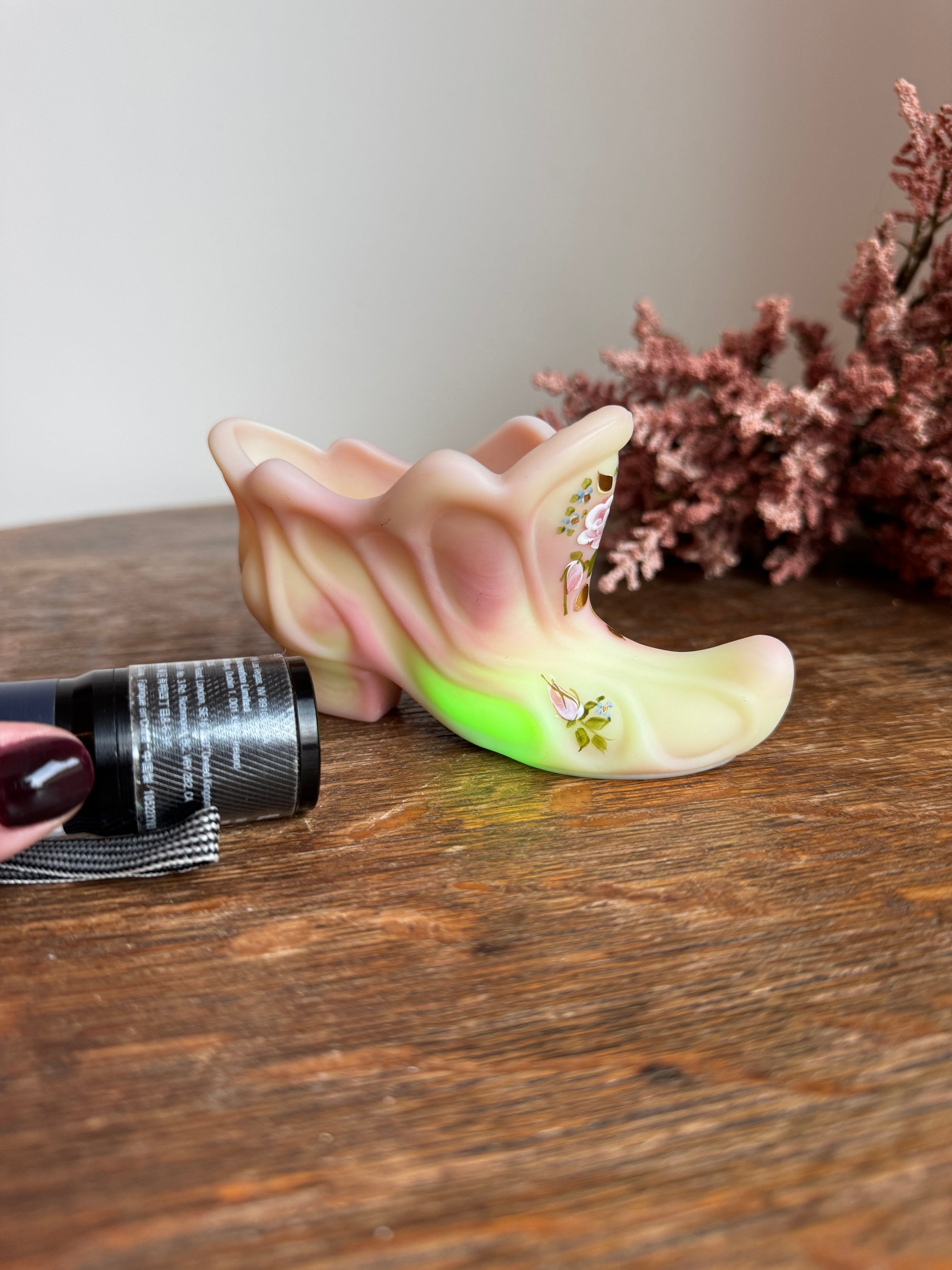 Fenton Burmese Glass Shoe with Handpainted Flowers (Uranium)