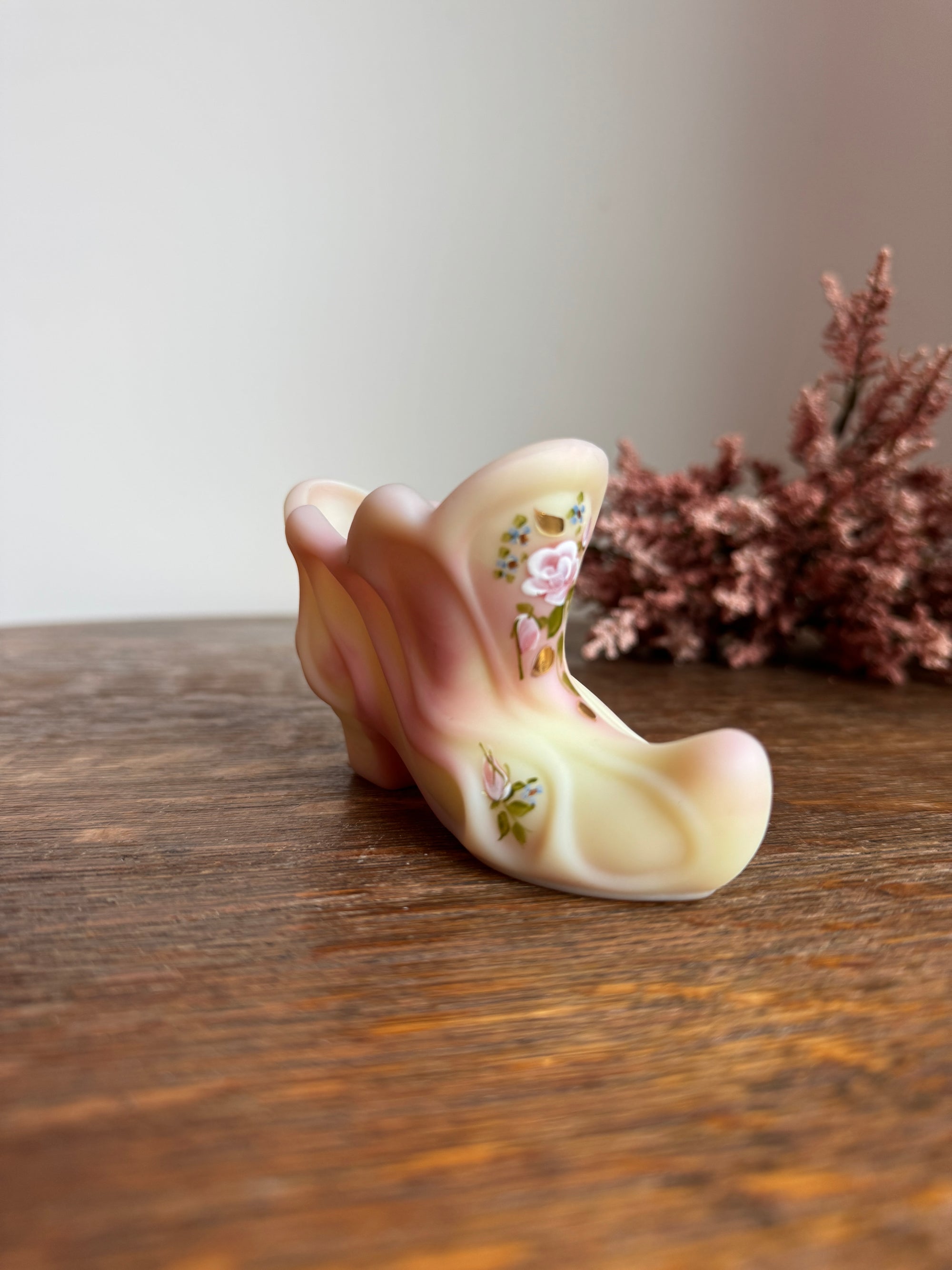 Fenton Burmese Glass Shoe with Handpainted Flowers (Uranium)