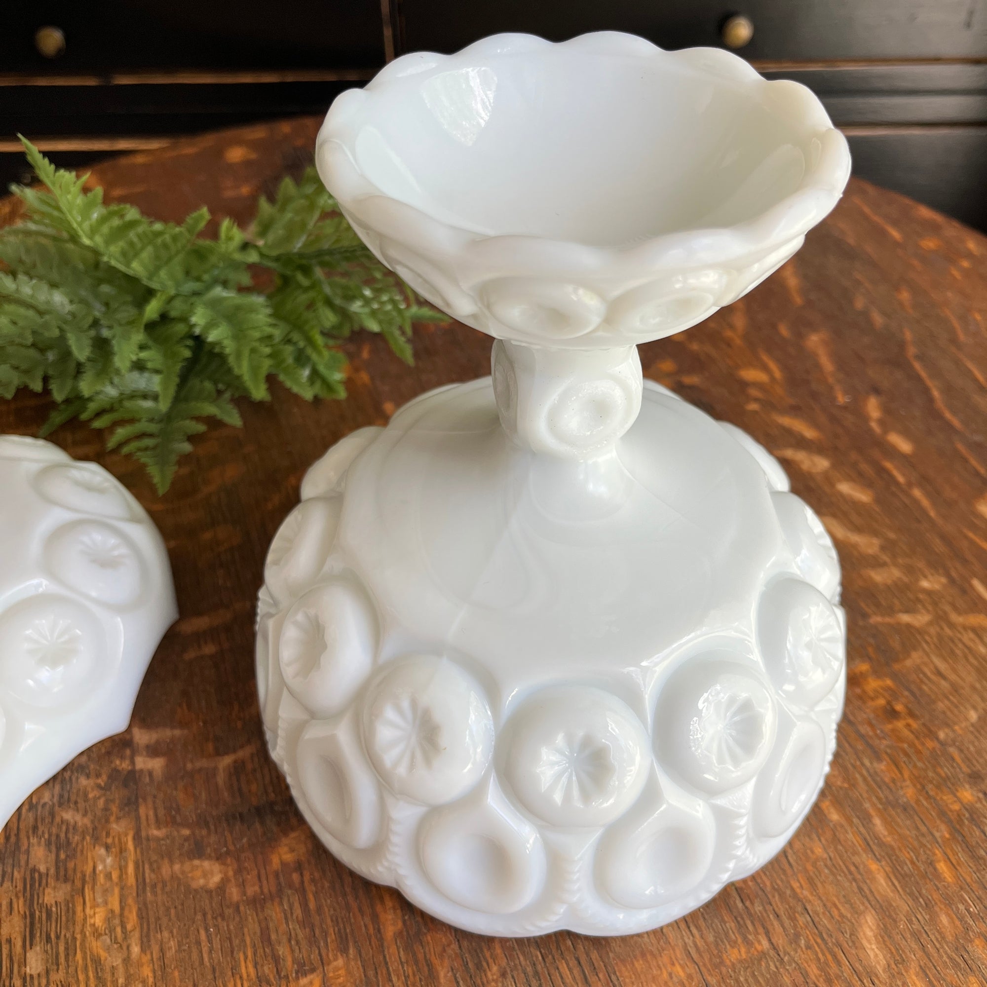 L.E. Smith Glass Company Milk Glass Lidded Compote in ‘Moon & Stars’ Pattern