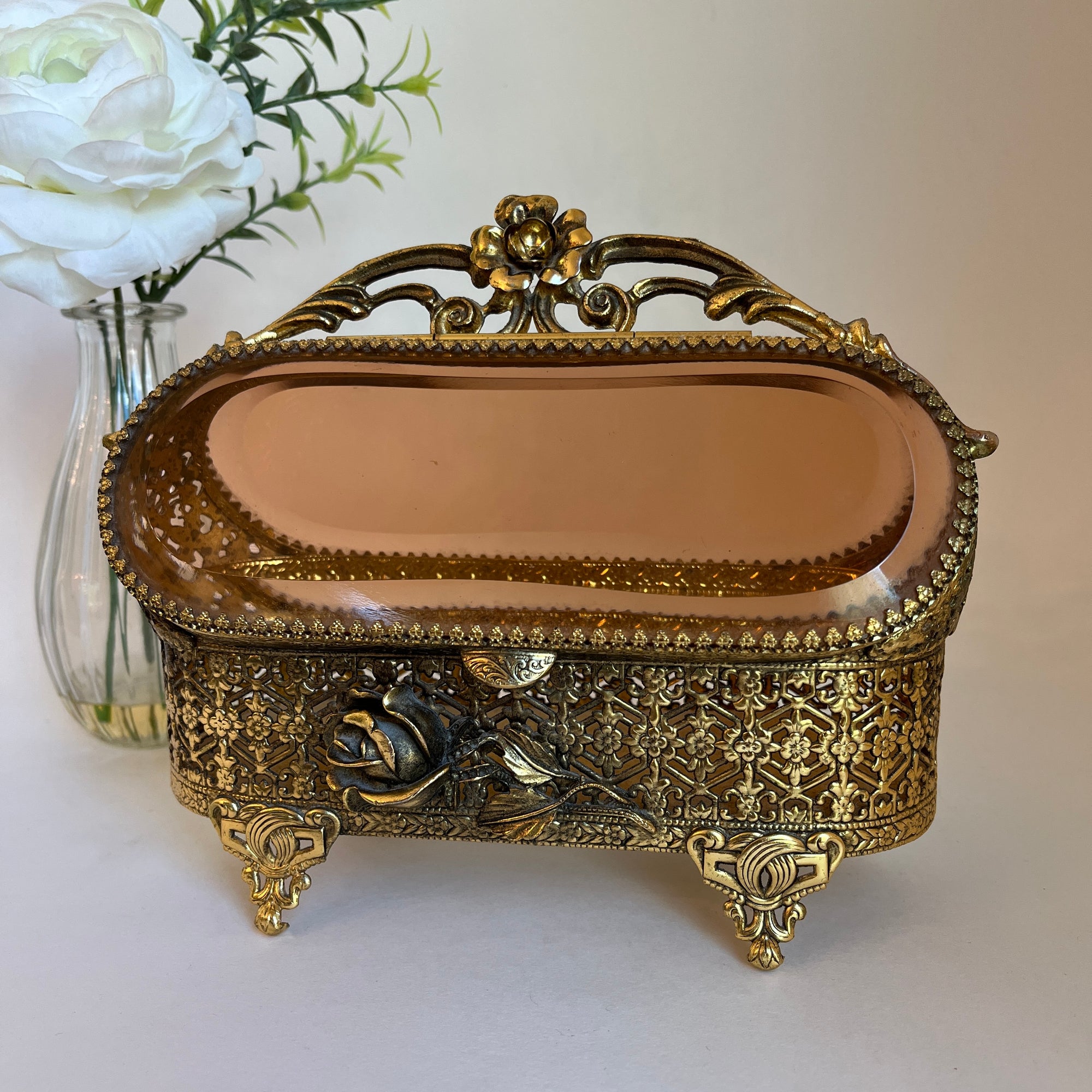 Ornate Bijoux (Jewelry or Trinket) Ormolu Casket with Rose Toned Bevelled Glass