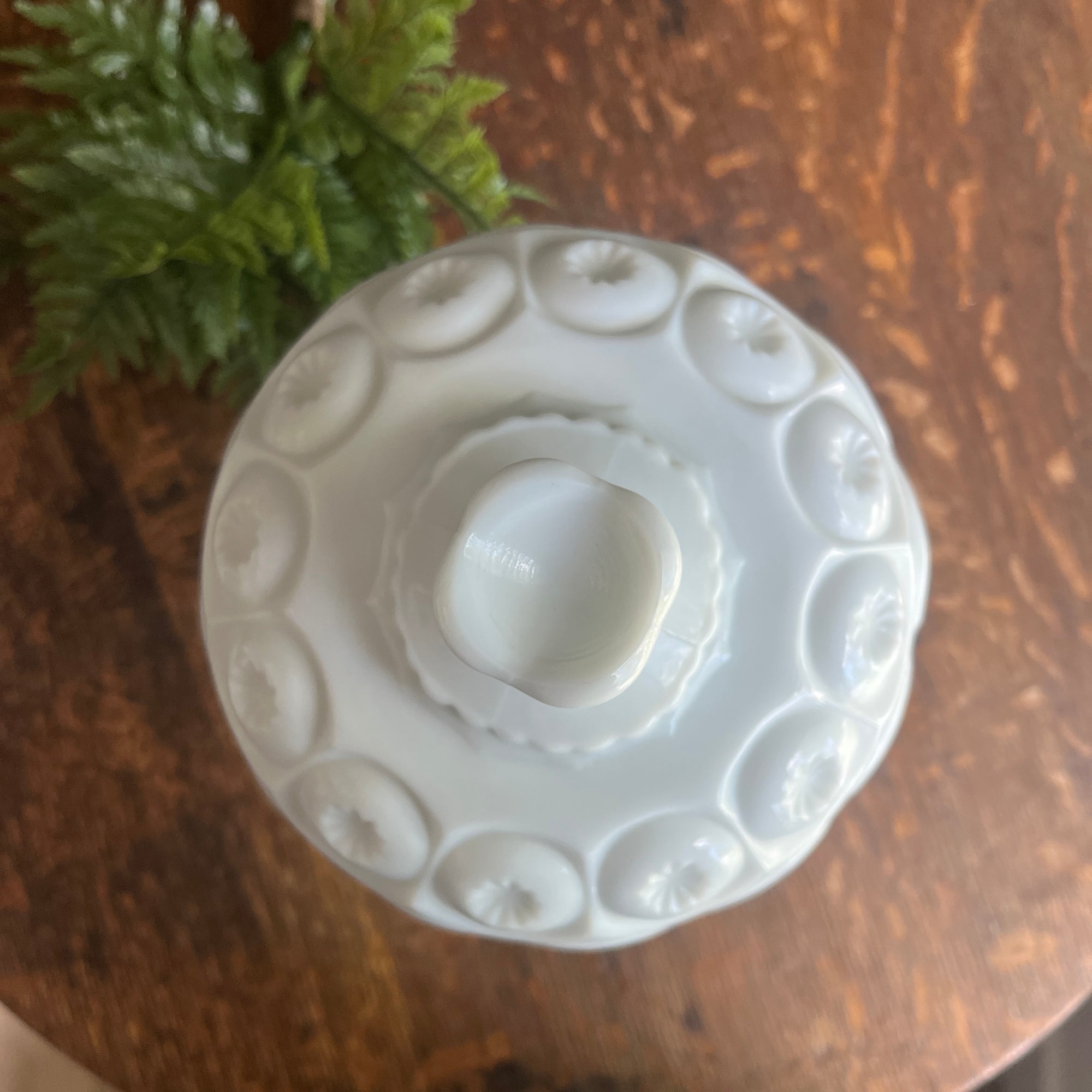 L.E. Smith Glass Company Milk Glass Lidded Compote in ‘Moon & Stars’ Pattern