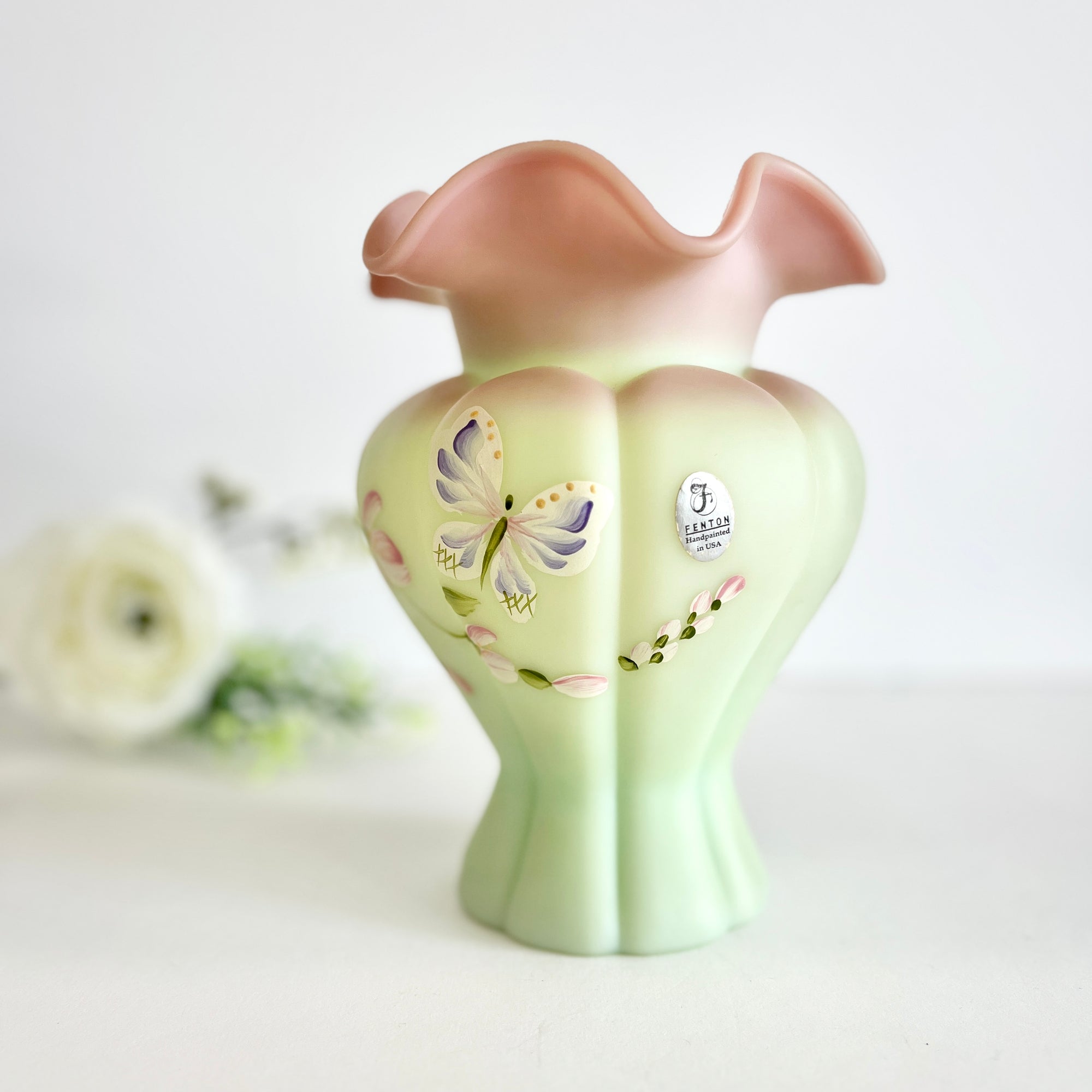 Fenton Limited Edition Hand painted 'Lotus Mist - Whispering Wings' Melon Vase