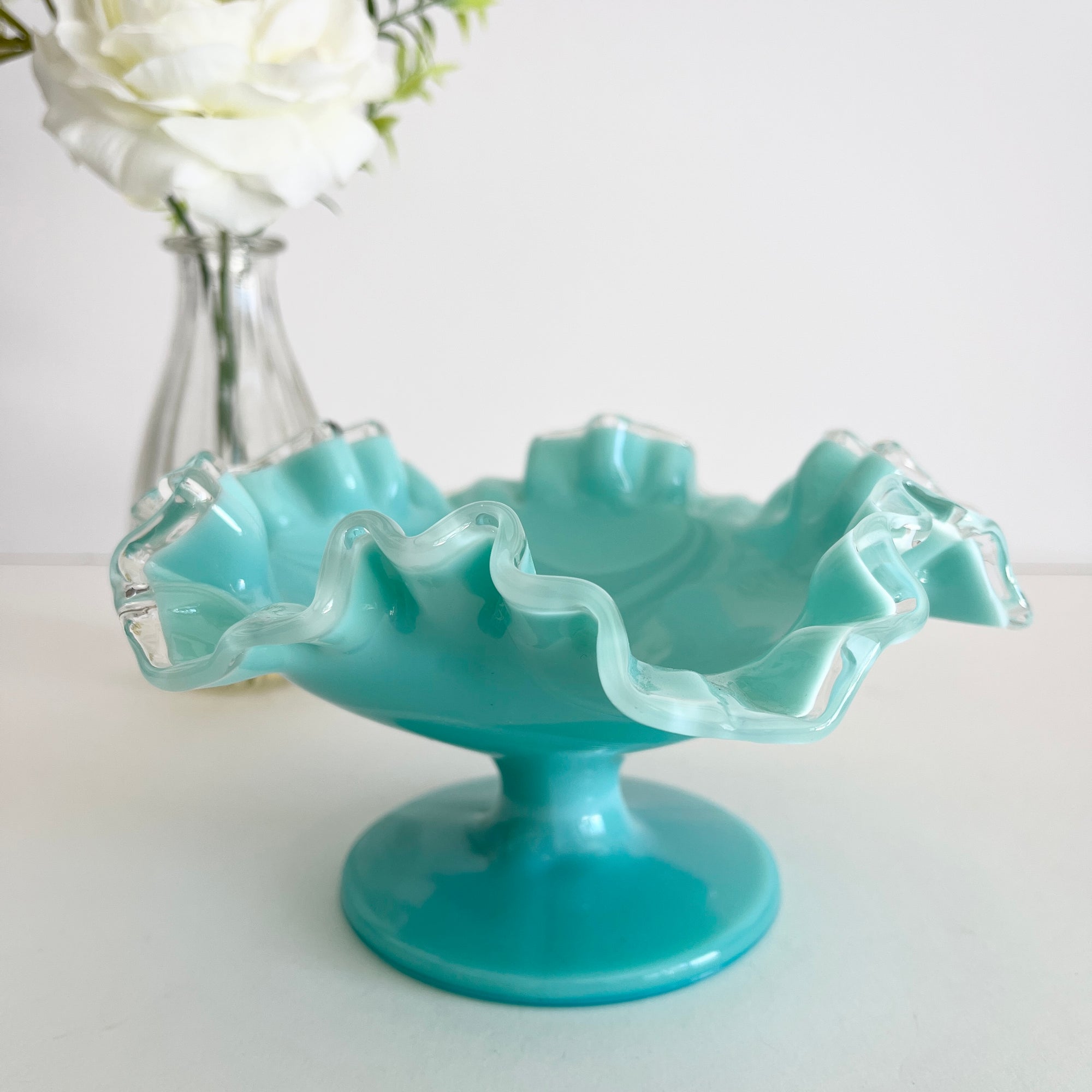 Fenton 'Silver Turquoise' Footed Compote w Ruffled Edge