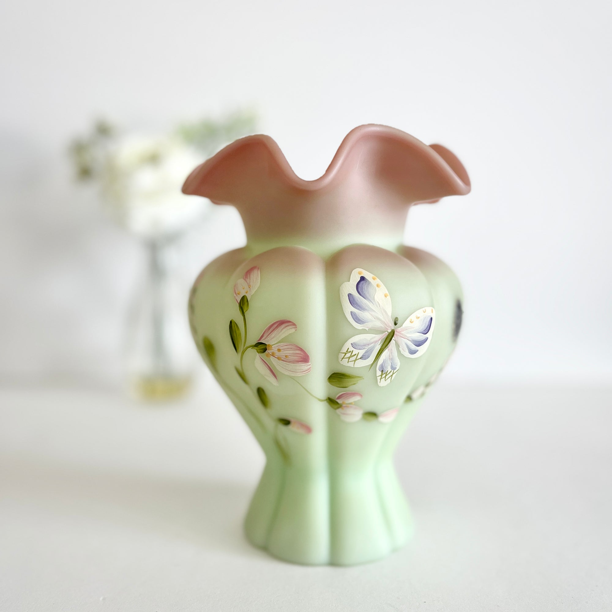 Fenton Limited Edition Hand painted 'Lotus Mist - Whispering Wings' Melon Vase