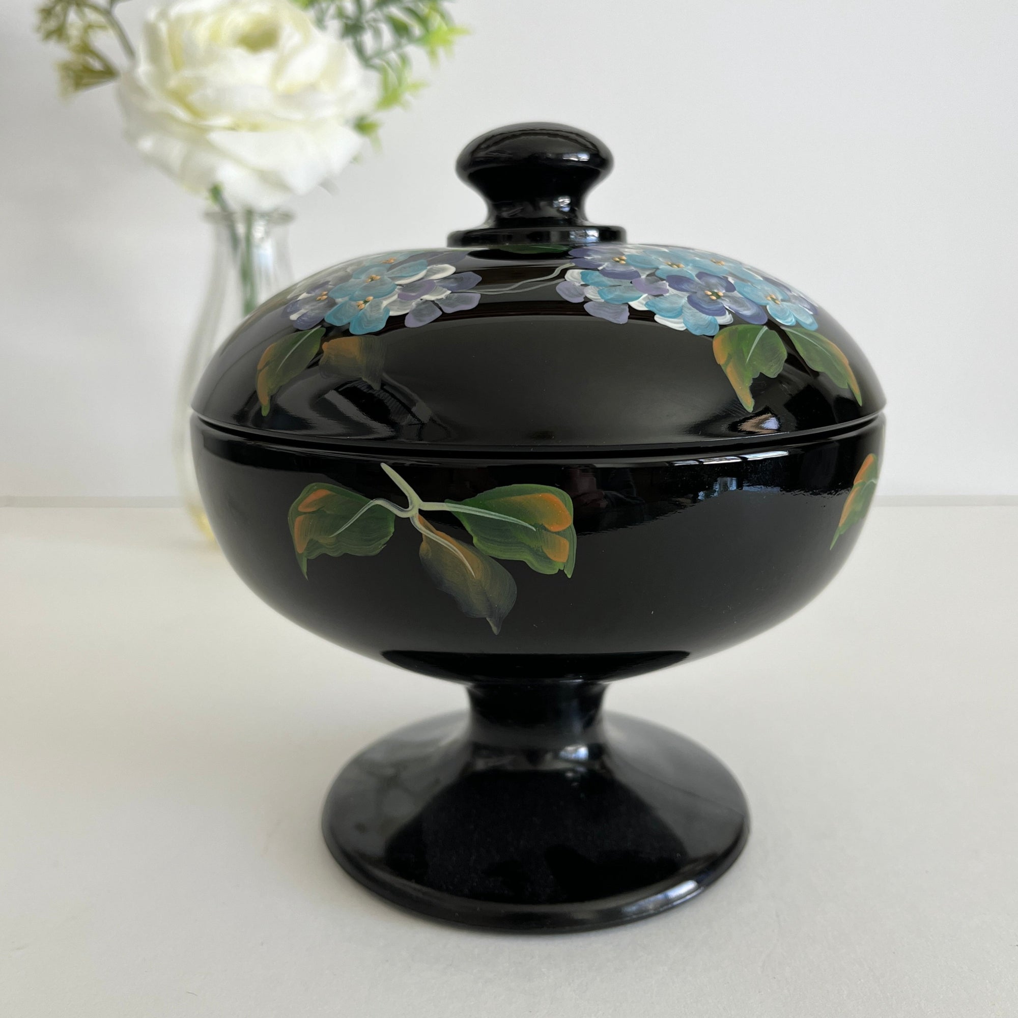 Fenton Black Lidded Compote with Hand-painted Hydrangeas. Artist Signed