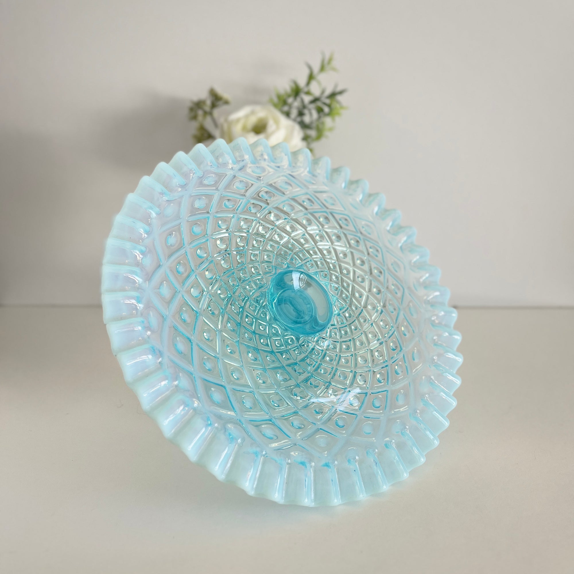 Fenton Blue Opalescent Cake Plate in 'Diamond Lace' Pattern